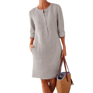 Cotton Linen Round Neck Long Sleeve Loose Dress Woman Elegant Casual Street Wear Clothing Plus Size Solid Pocket Bodycon Office